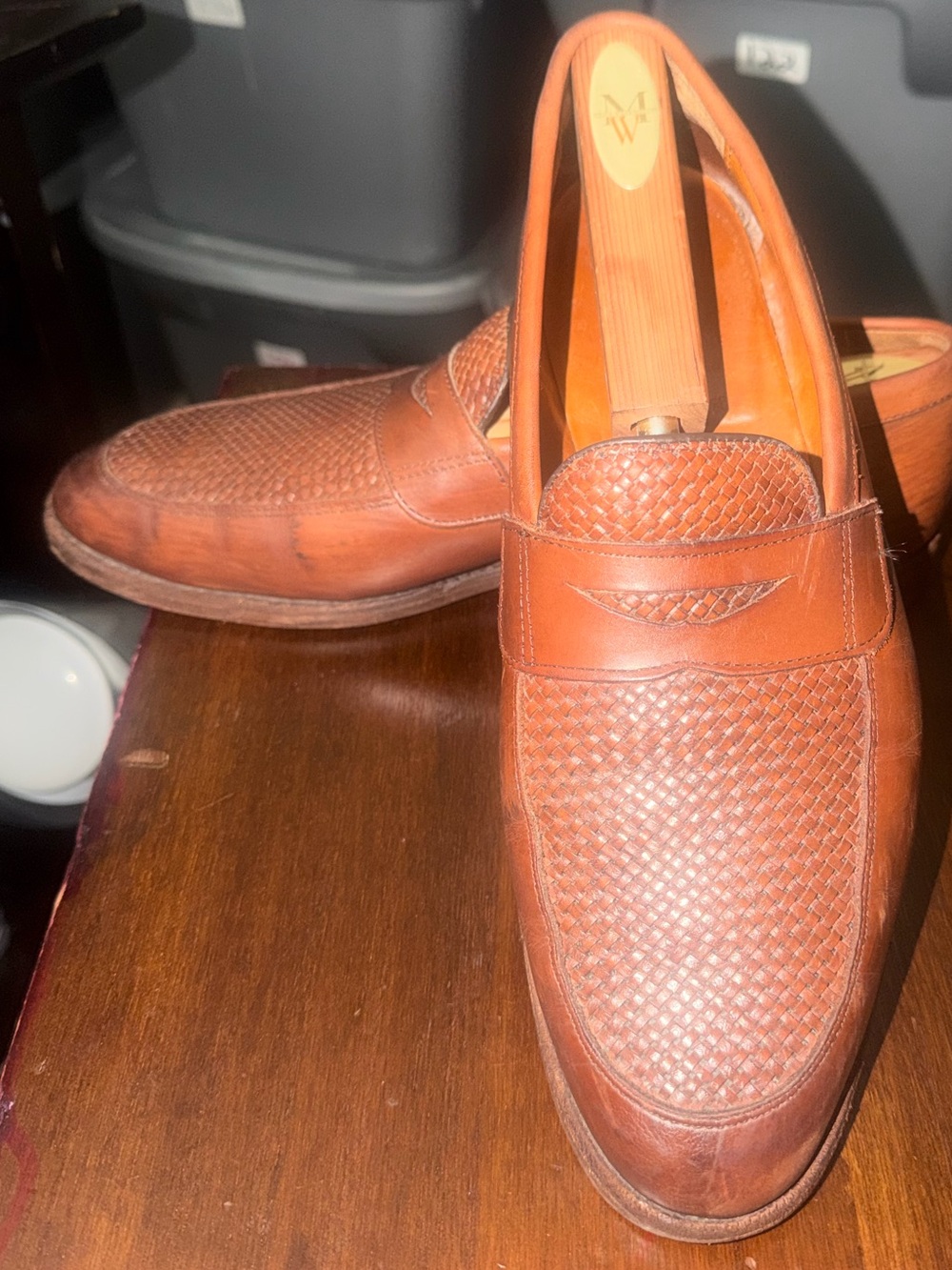 Allen Edmonds Woven Leather Penny Loafers - Cognac Brown SZ 10.5D(126)